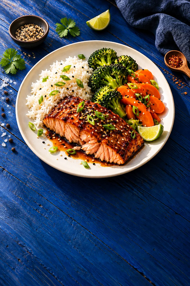Chef-made salmon with rice and vegetables