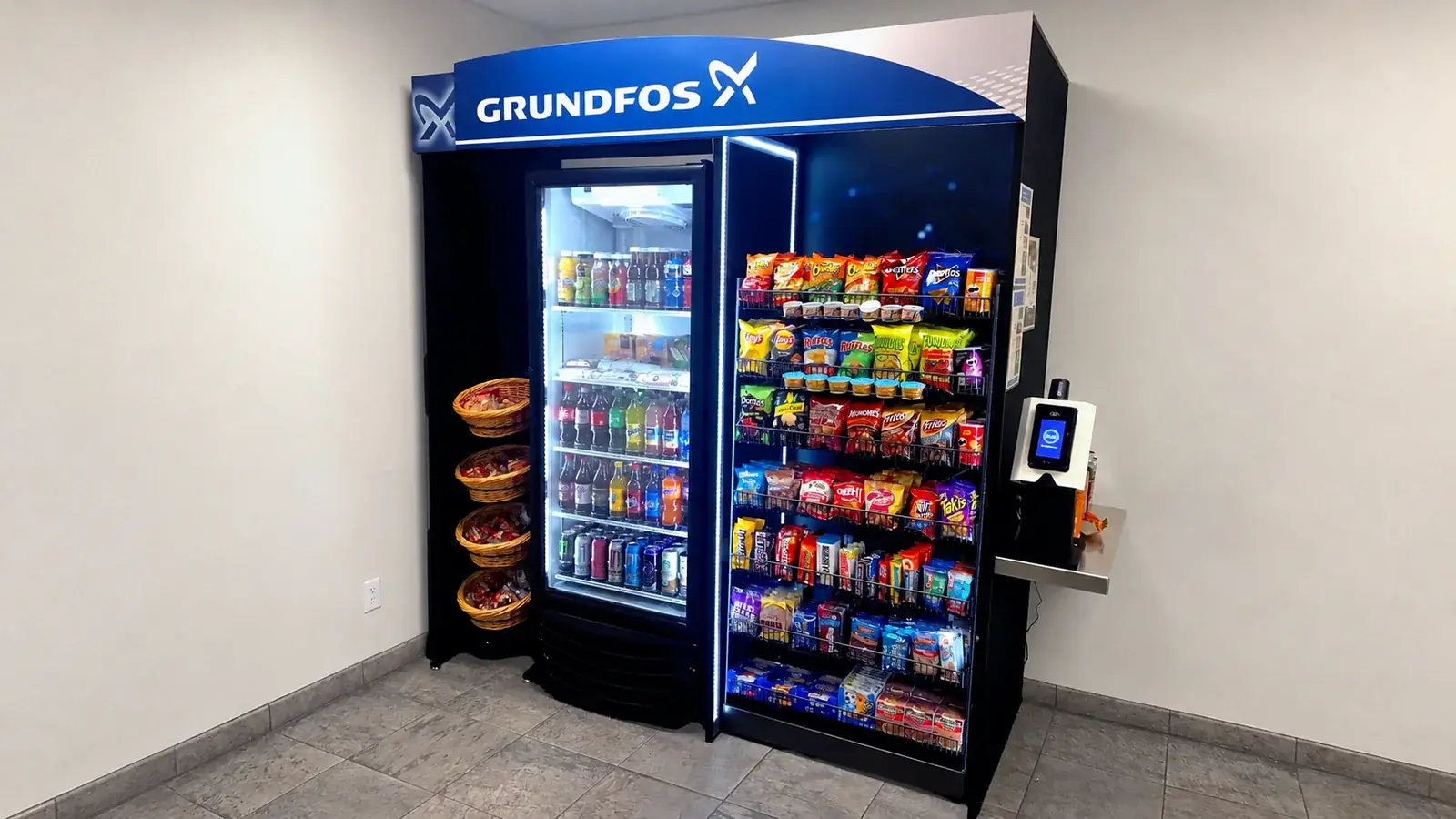 Compact micro market with a cooler, snack rack, and kiosk