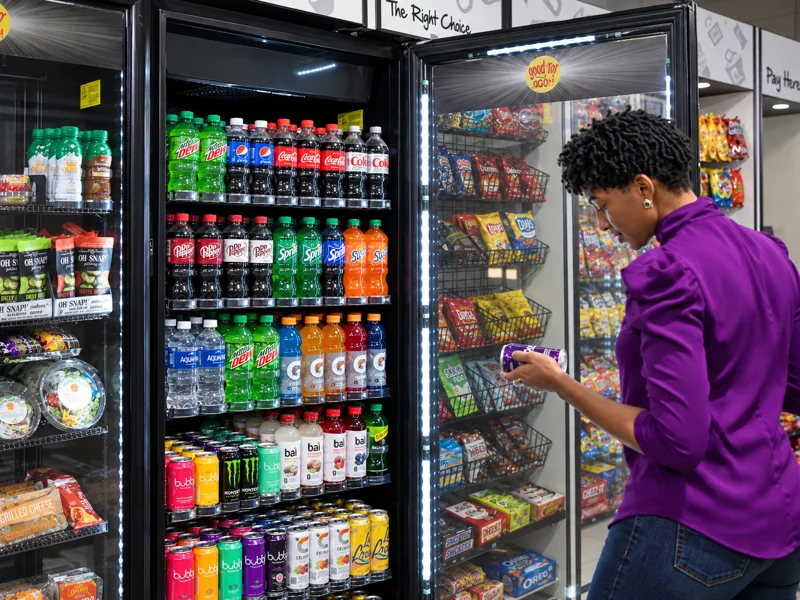 Employee choosing a drink from a micro market cooler